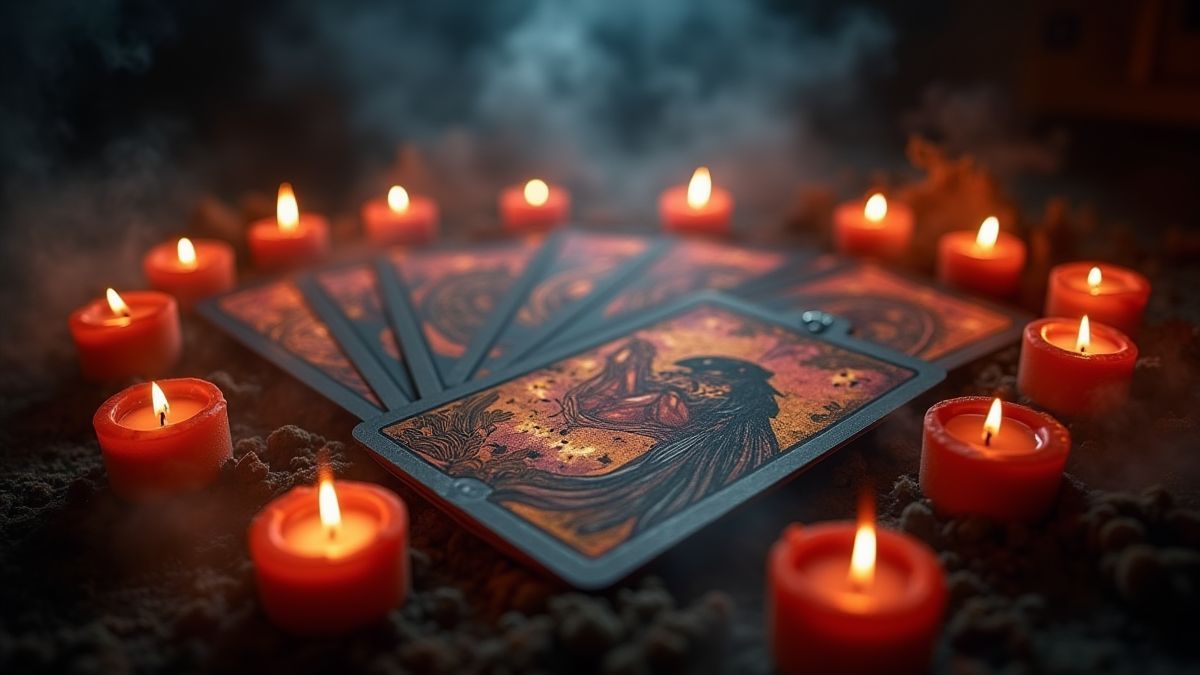 Tarot místico rodeado de velas y neblina mágica.