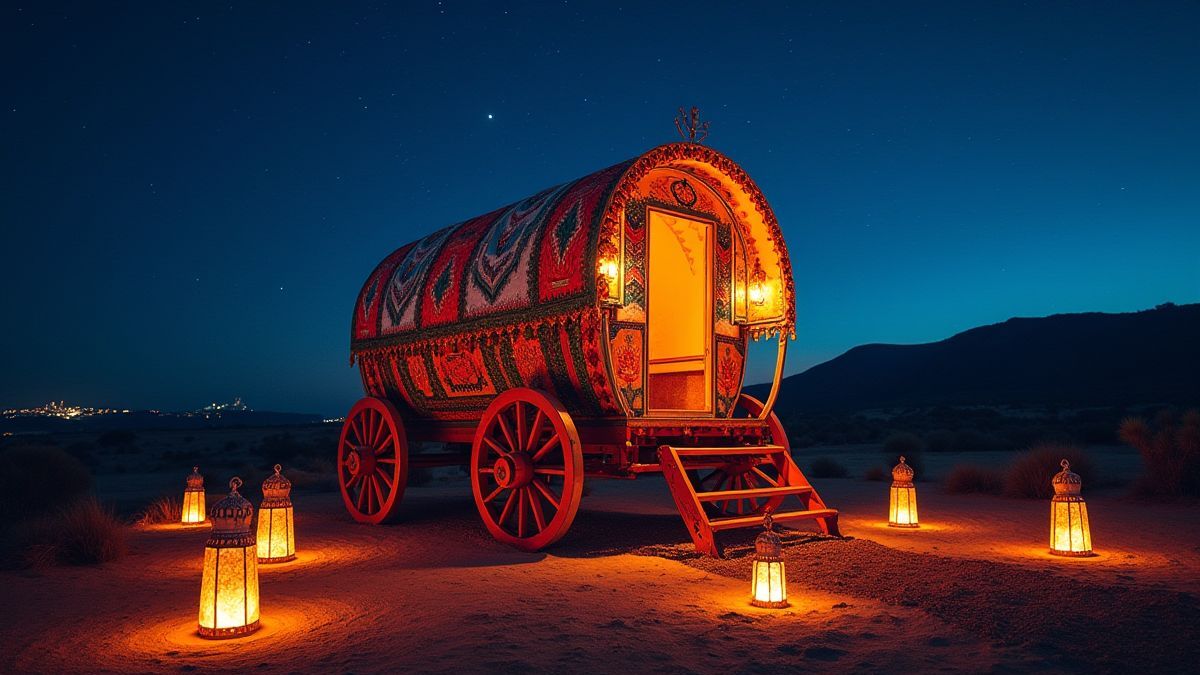 Caravana gitana colorida bajo un cielo estrellado.
