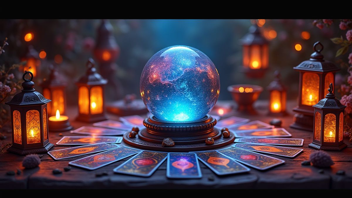 Zigeuner-thema scène met tarotkaarten en een kristallen bol.
