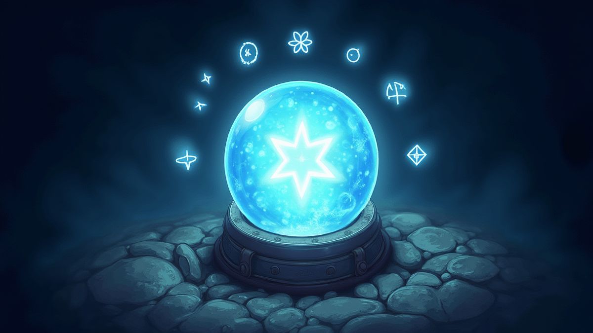 Magical crystal ball surrounded by mystical symbols.