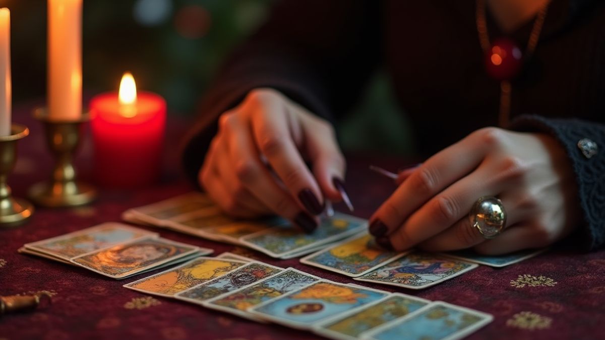 Mãos de uma gitana lendo cartas de tarot junto a uma bola de cristal e velas.