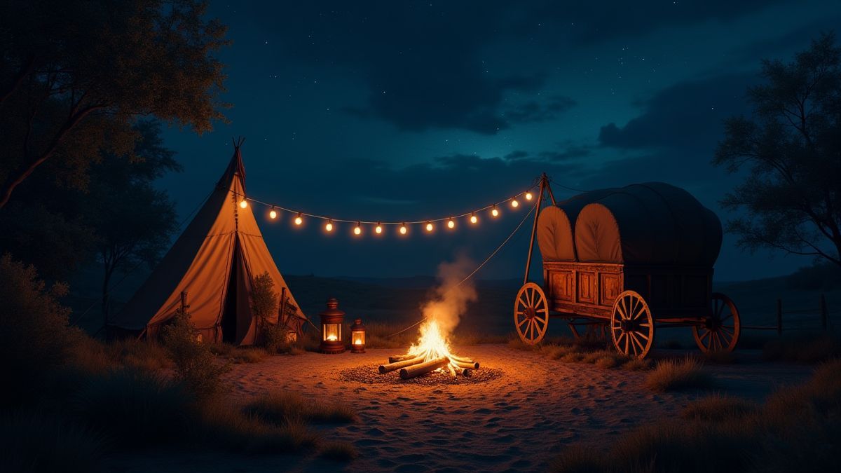 Um acampamento cigano noturno com lanternas brilhantes e uma fogueira.