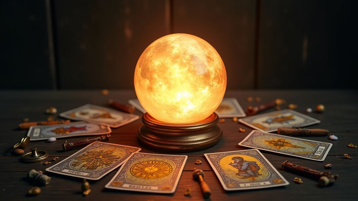 Bola de cristal rodeada de cartas de tarot y símbolos místicos.