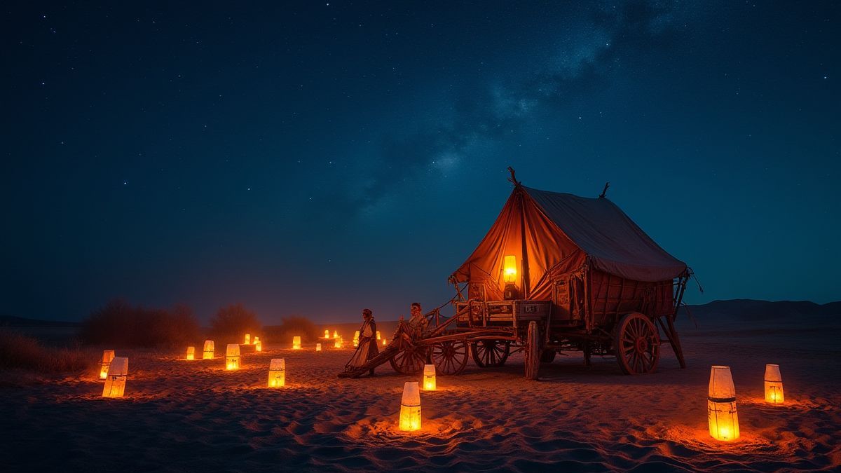 Caravana gitana bajo un cielo estrellado con linternas brillantes.