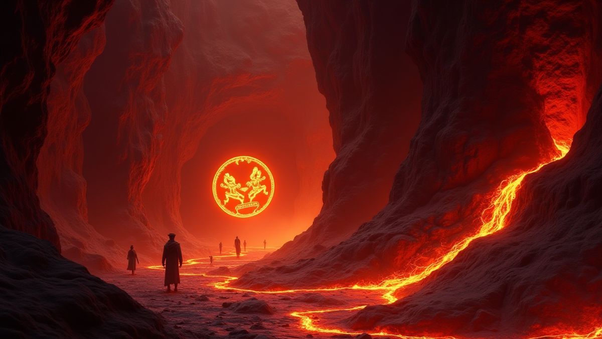 Une cueva llena de lava con símbolos brillantes y criaturas mitológicas.
