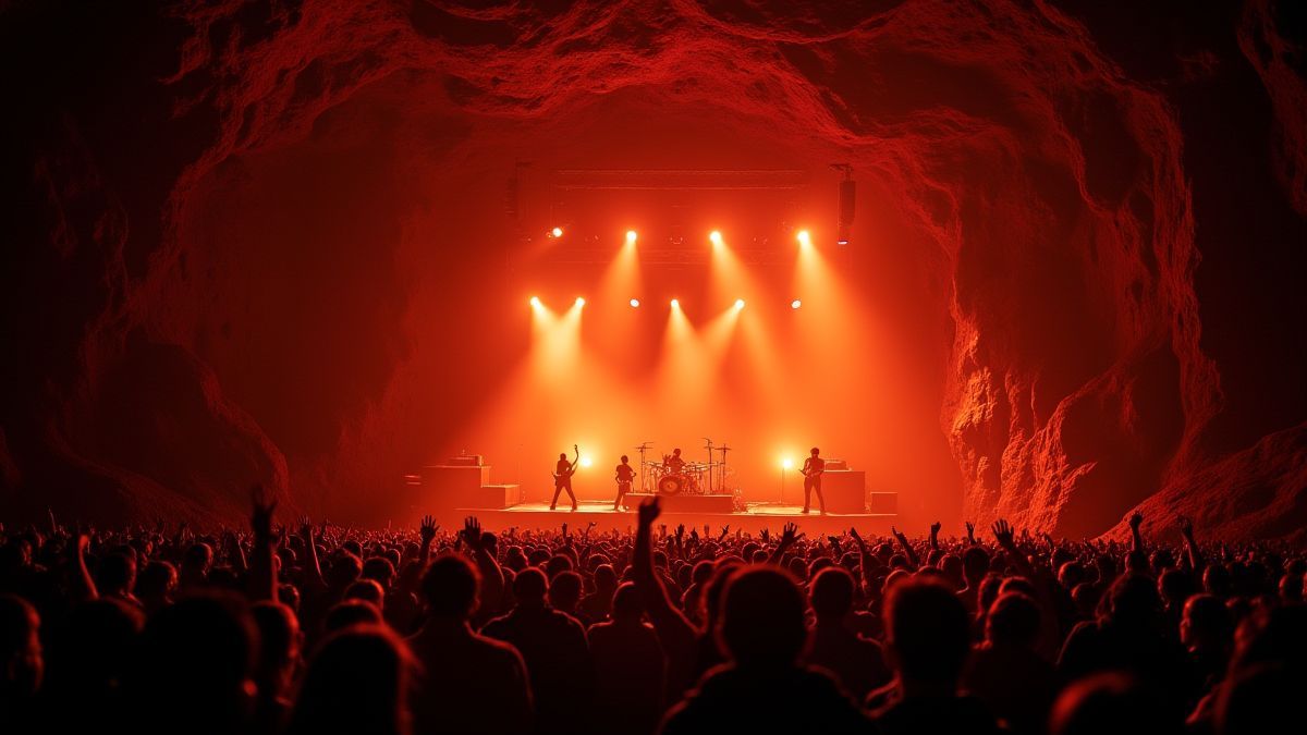 Un concierto de rock en una cueva oscura con lava brillante.