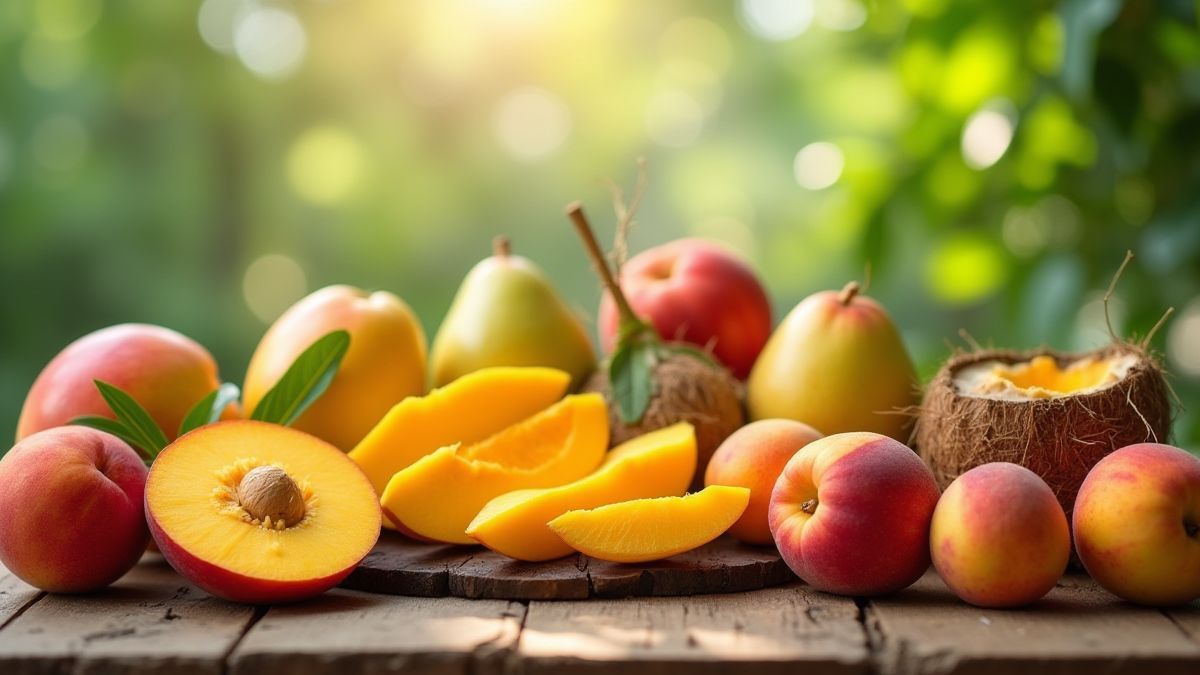 Frutas tropicales frescas en un entorno soleado.