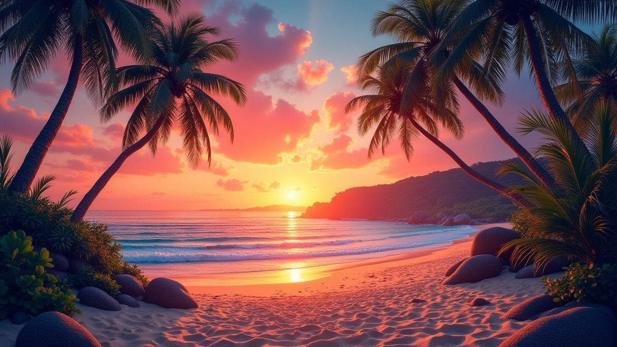 Atardecer en una playa tropical con colores vibrantes.