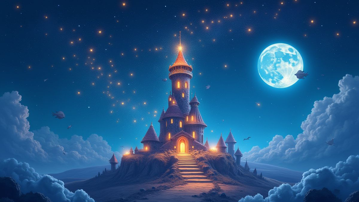 Torre mágica iluminada por estrellas y luna llena.