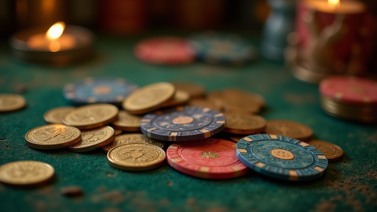 Monedas y fichas de juego en una mesa temática de cuento.