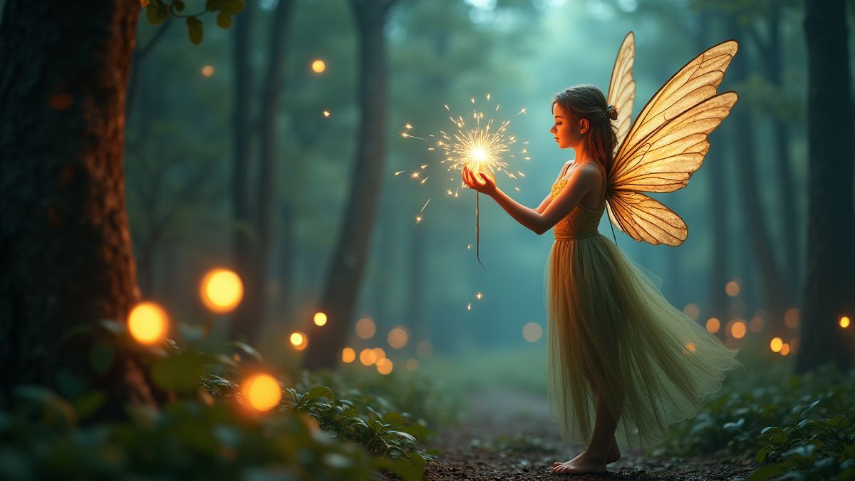 Hada con varita brillante en un bosque mágico.