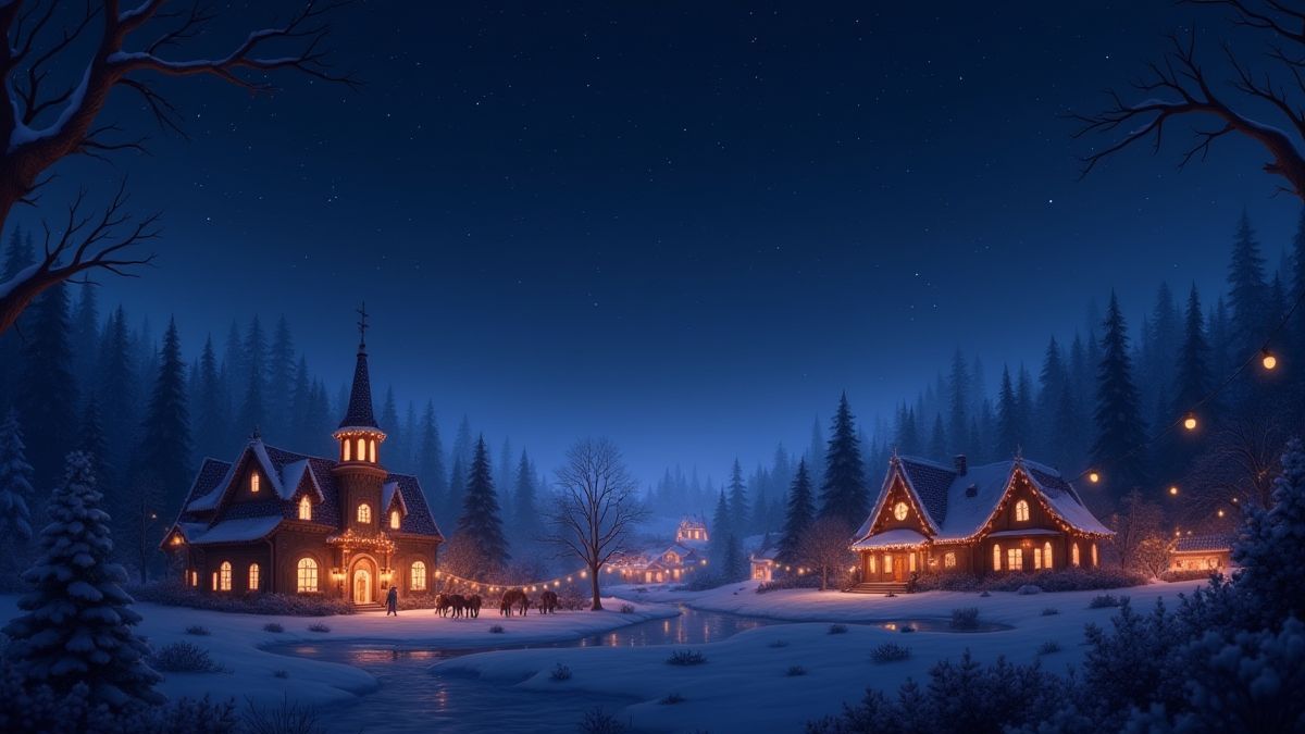 Un pueblo mágico bajo una noche estrellada.