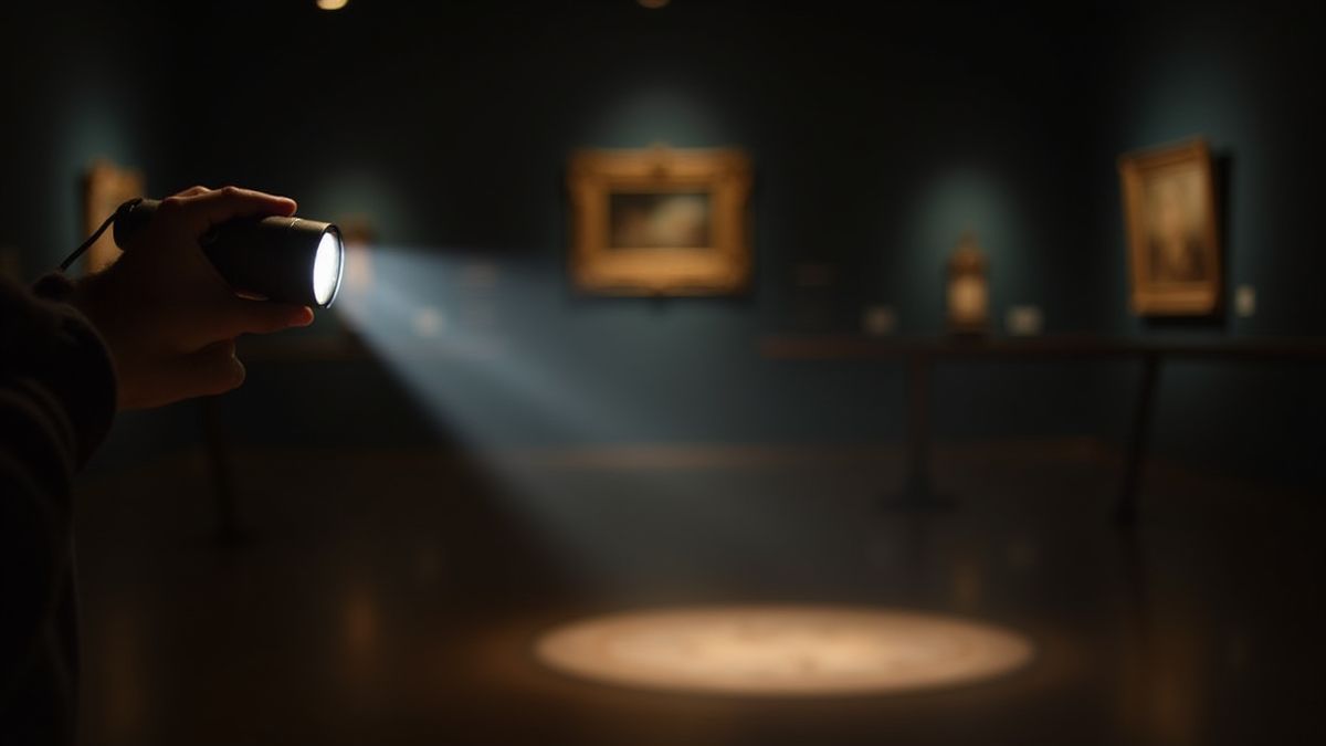 Een zaklamp die een kunstwerk verlicht in een donker museum.