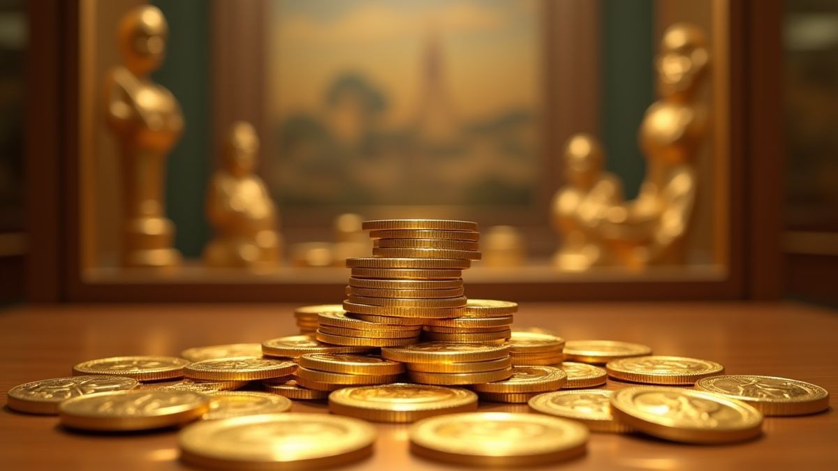 Een stapel gouden munten met een stralende museumachtergrond.