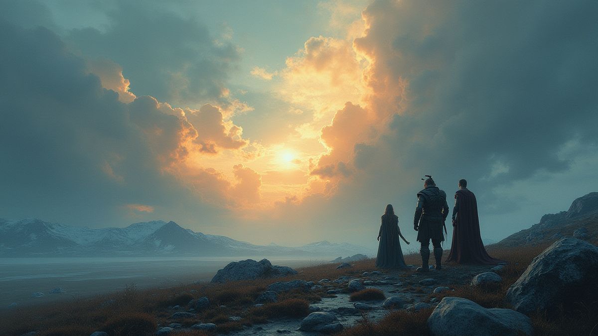 Noors landschap met de goden Odin en Thor onder een dramatische lucht.