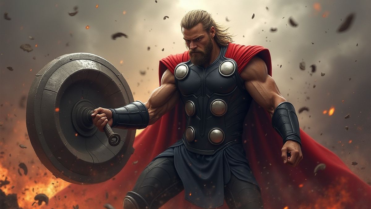Thor die schilden breekt met zijn hamer in een dramatische scène.