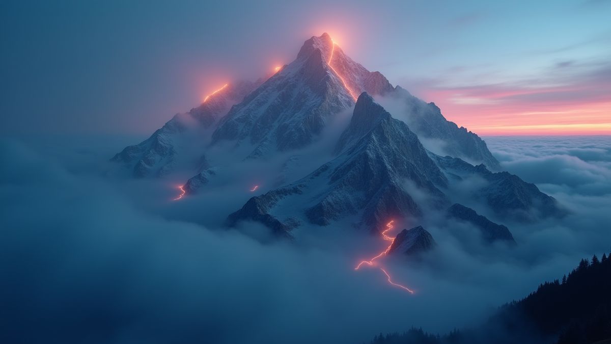 Montanha mágica rodeada de névoa e luzes brilhantes.