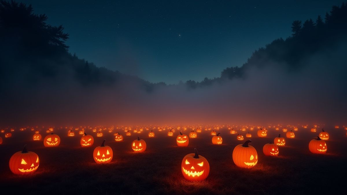 Ein Feld mit leuchtenden Kürbissen unter einem sternenklaren Himmel mit Nebel.