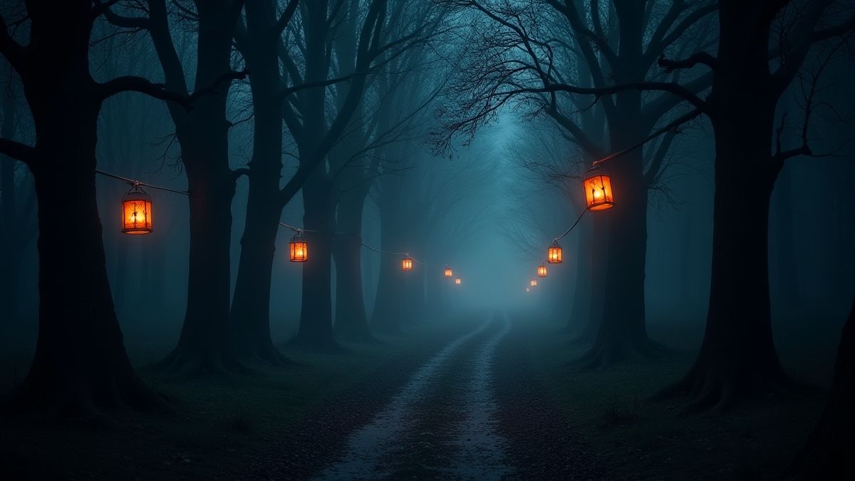 Ein geisterhafter Waldweg, beleuchtet von unheimlichen leuchtenden Laternen, die von Bäumen hängen.