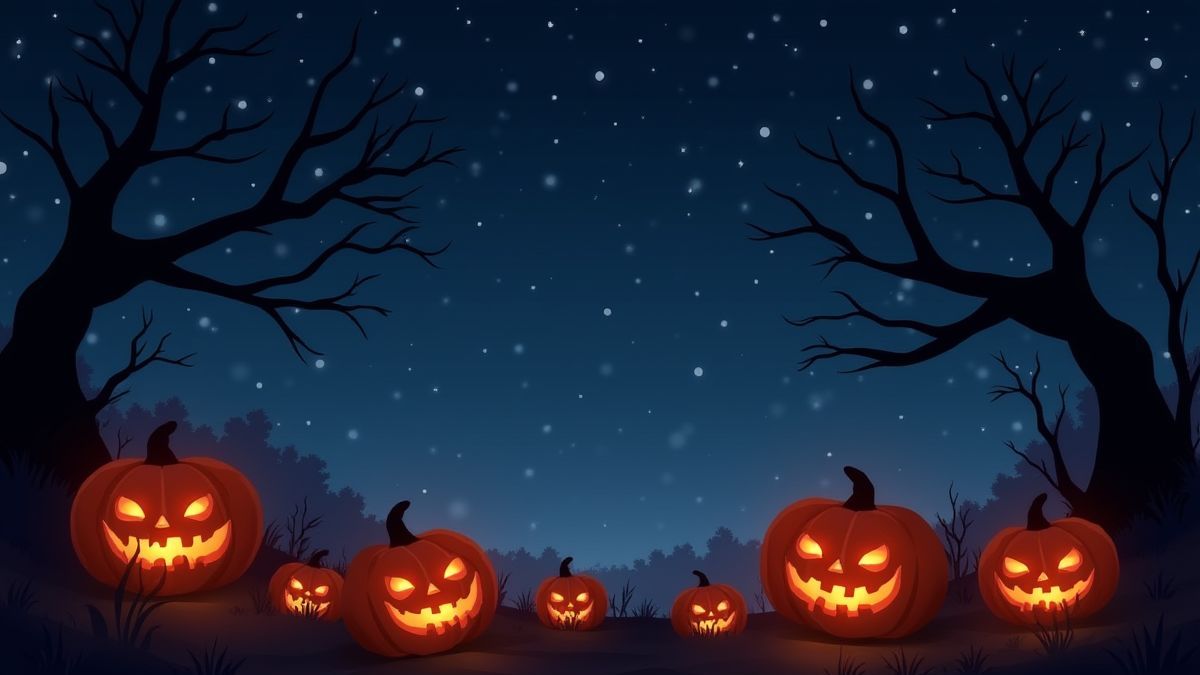 A Halloween night with glowing pumpkins and spooky trees.