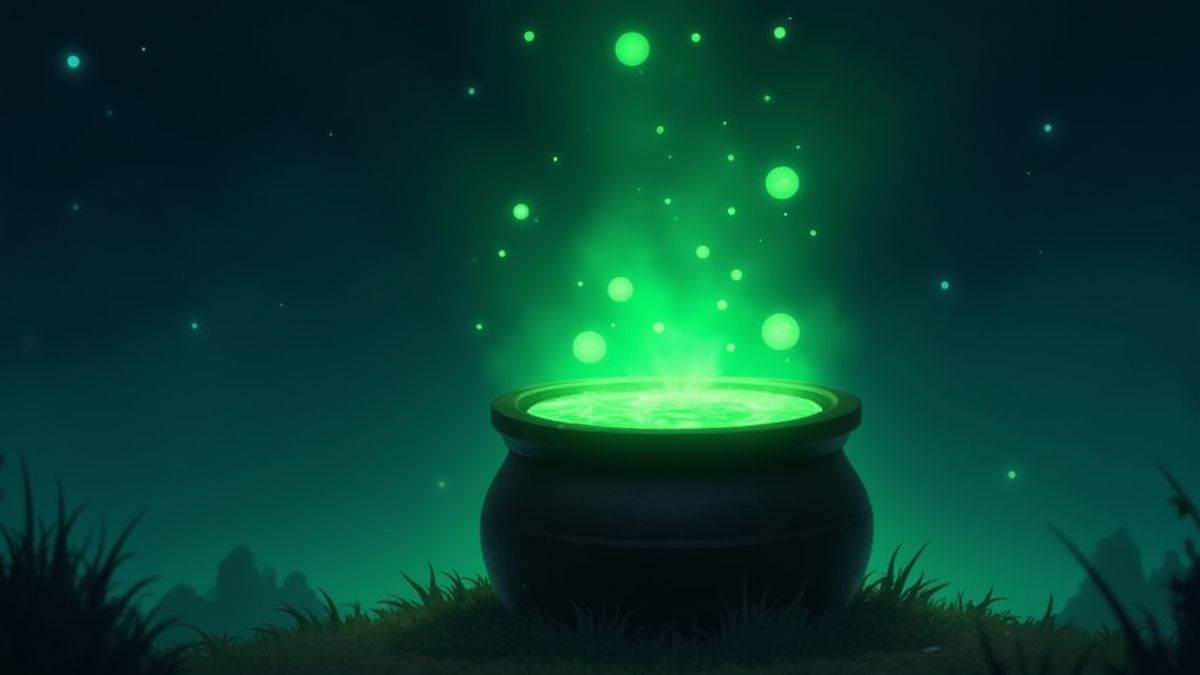 A bubbling cauldron filled with glowing green liquid under a starry sky.