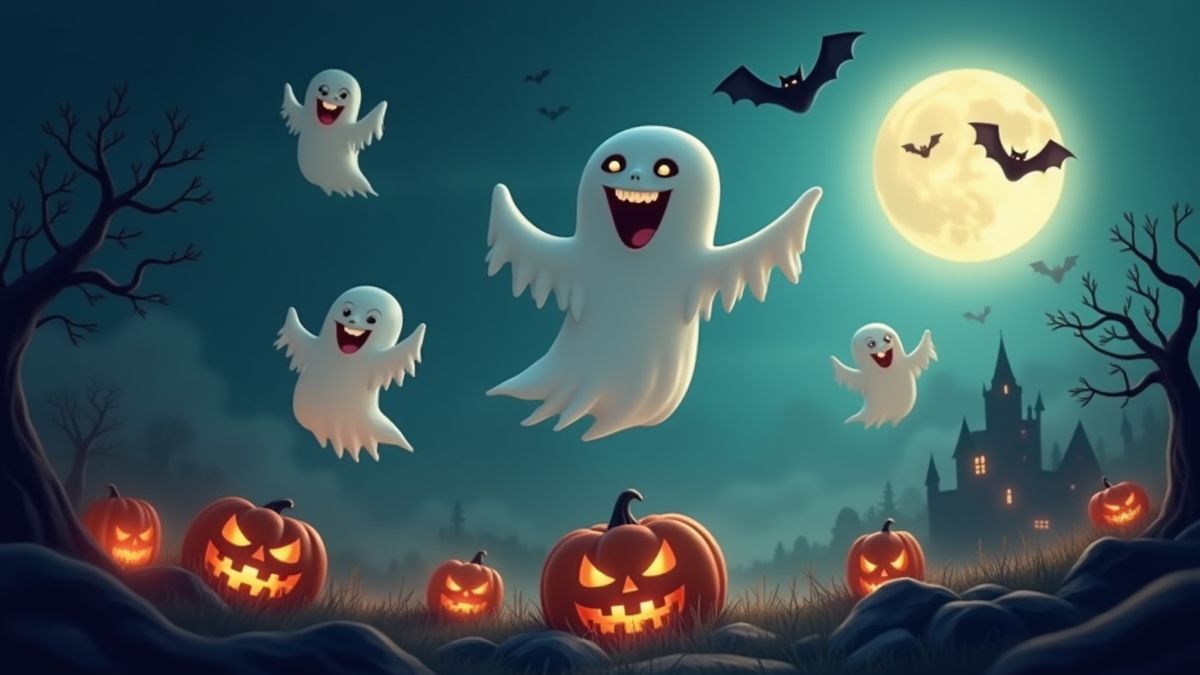 Festliche Halloween-Szene mit schwebenden Geistern und fliegenden Fledermäusen.