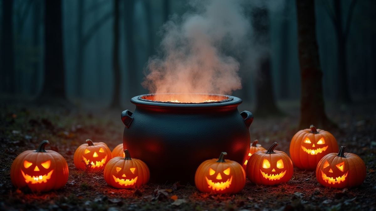 Un caldero burbujeante rodeado de calabazas luminosas en un bosque oscuro.