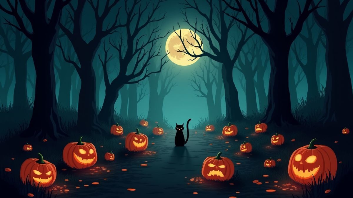 Um bosque escuro com abóboras luminosas e gatos pretos.