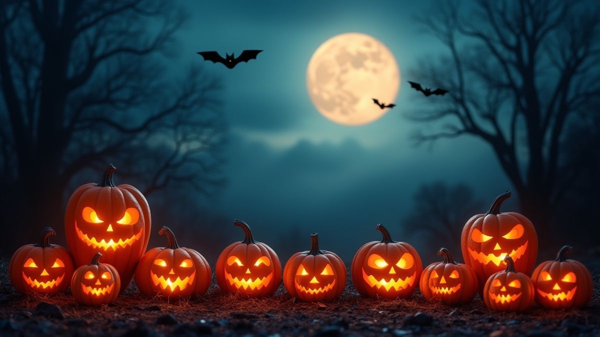Escena de Halloween con calabazas brillantes y murciélagos bajo la luna llena.