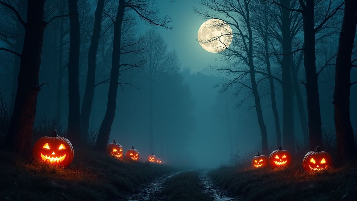 Un bosque oscuro iluminado por calabazas brillantes y una luna llena.