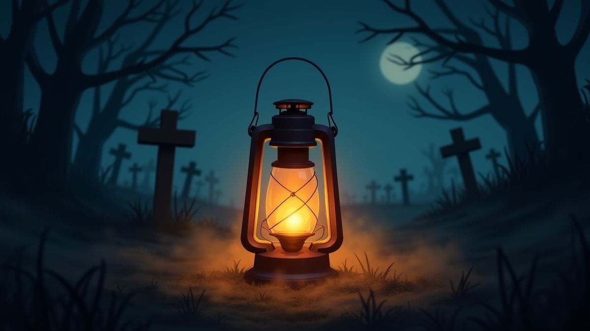 Una linterna brillante rodeada de niebla en un cementerio espeluznante.