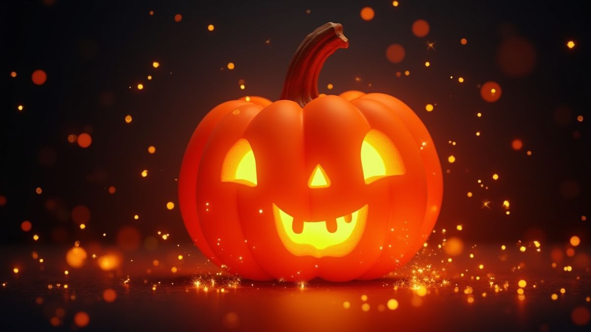 Una calabaza iluminada rodeada de destellos mágicos.