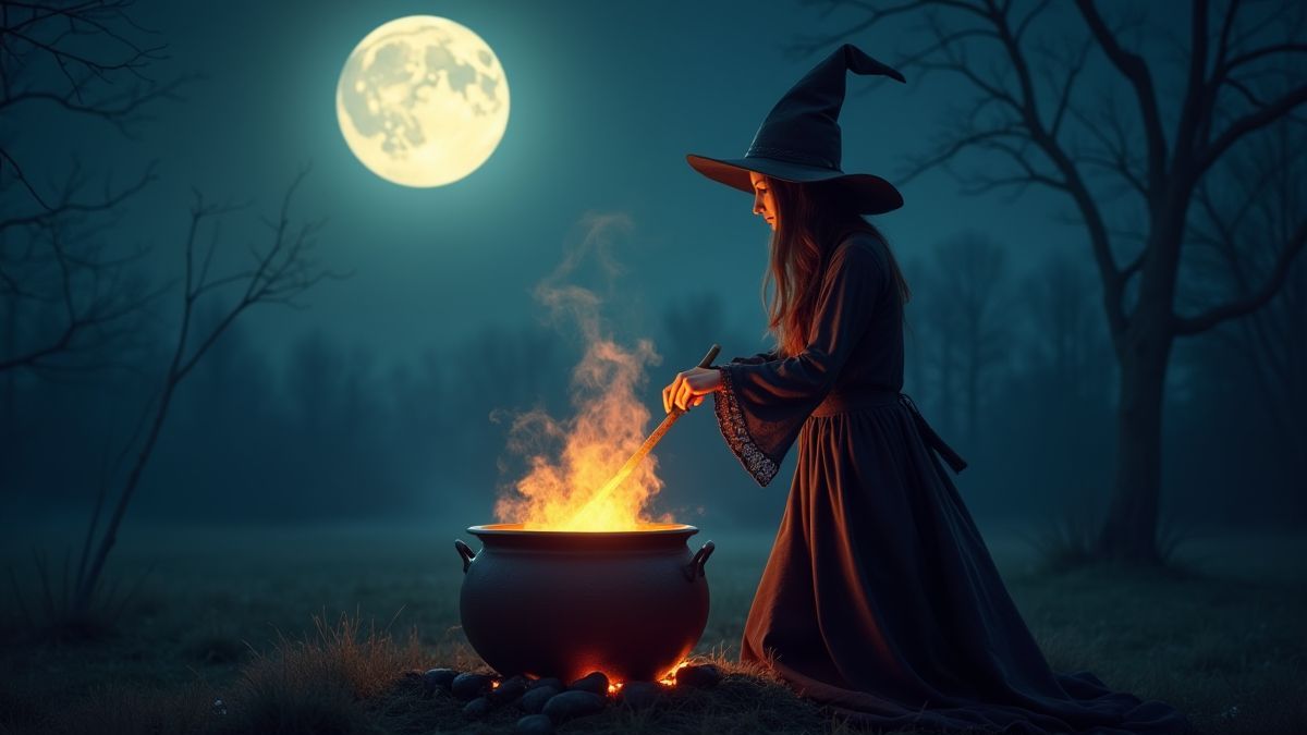 Una bruja mezclando un caldero brillante bajo la luz de la luna llena.