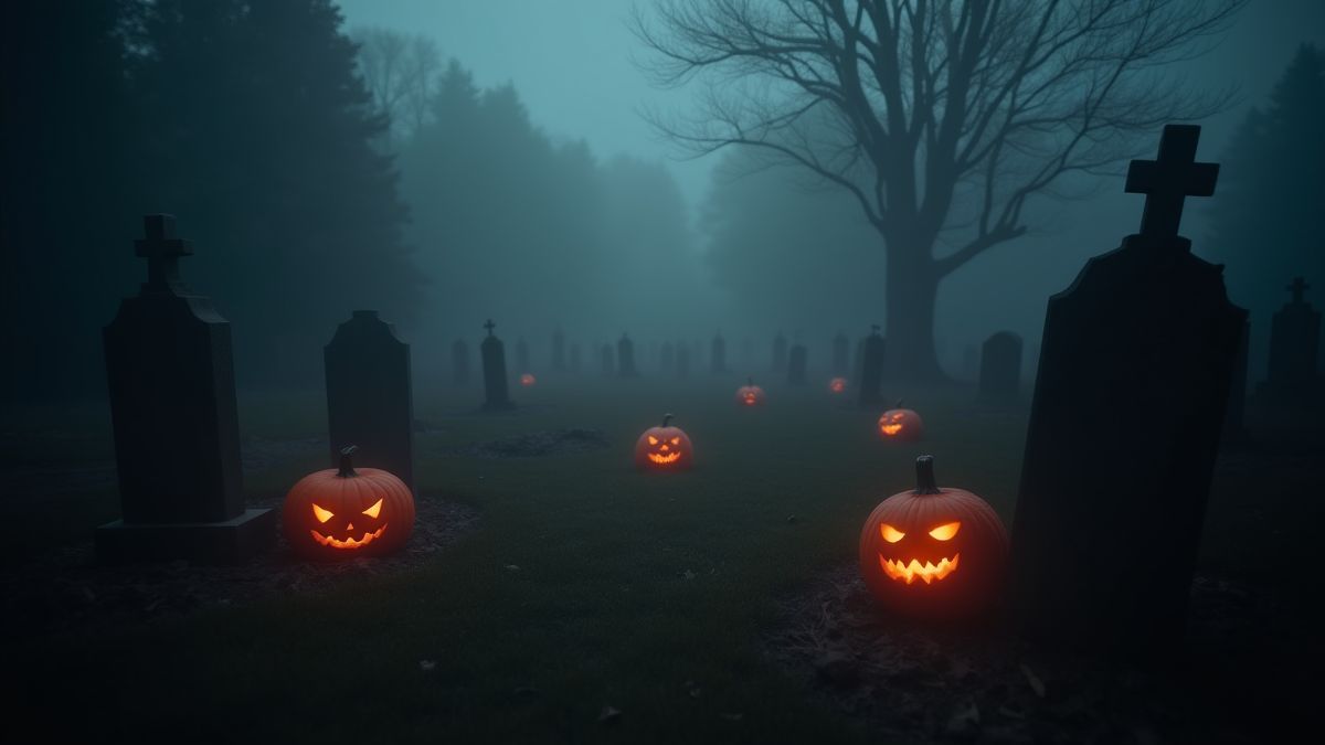 Ein Friedhof mit Nebel und leuchtenden Kürbissen.