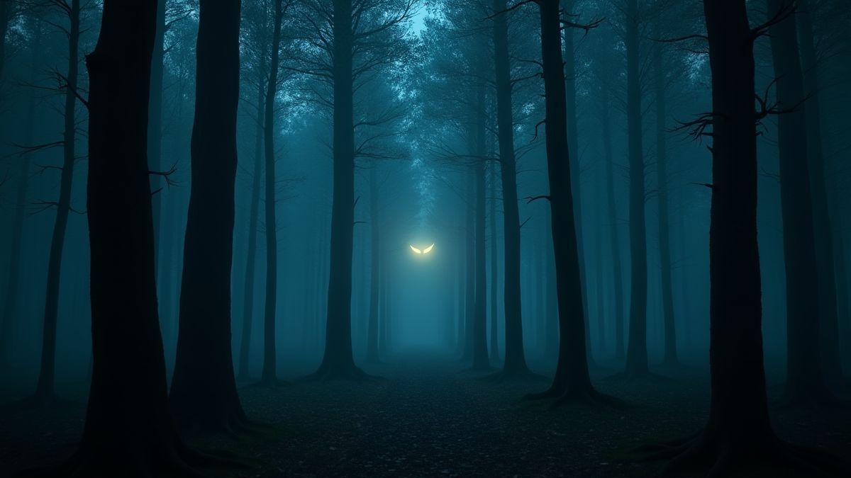 Ein gruseliger Wald mit leuchtenden Augen zwischen den Bäumen.