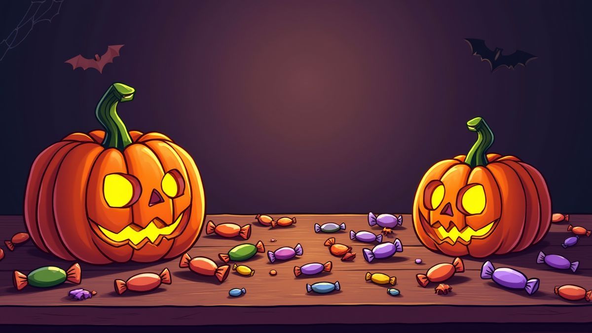 Caramelos y calabazas de Halloween en una mesa espeluznante.