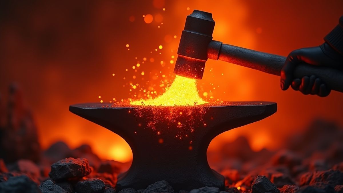 Vulkanische Schmiede mit einem Hammer, der auf einen Amboss schlägt.