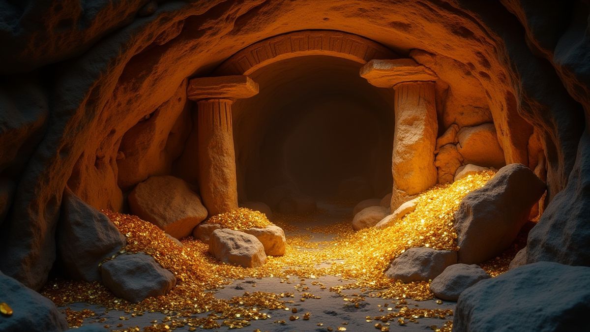 Cave with golden treasures and Greek artifacts.