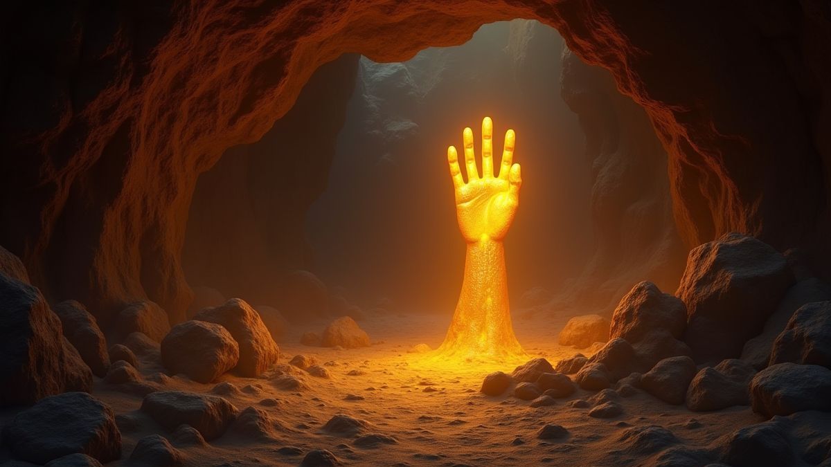 Golden hand symbols glowing in a mystical cave.