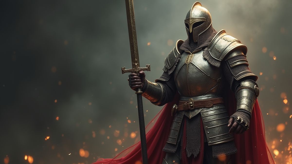 Guerrier médiéval en position épique avec une épée brillante.