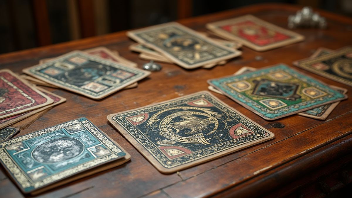 Table avec des cartes style carte à gratter de thématique médiévale.