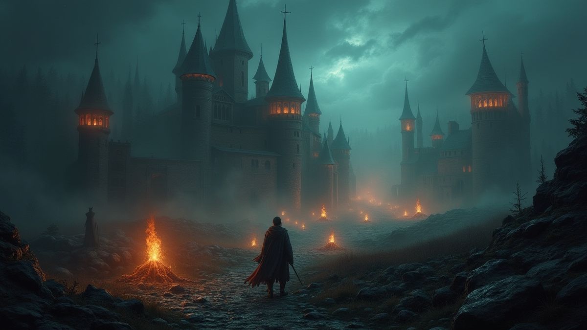 Champ de bataille médiéval avec des éléments mystiques et lumière dramatique.