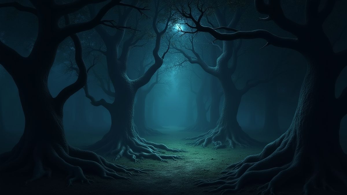 Ein dunkler Wald mit verdrehten Bäumen und leuchtenden magischen Elementen.