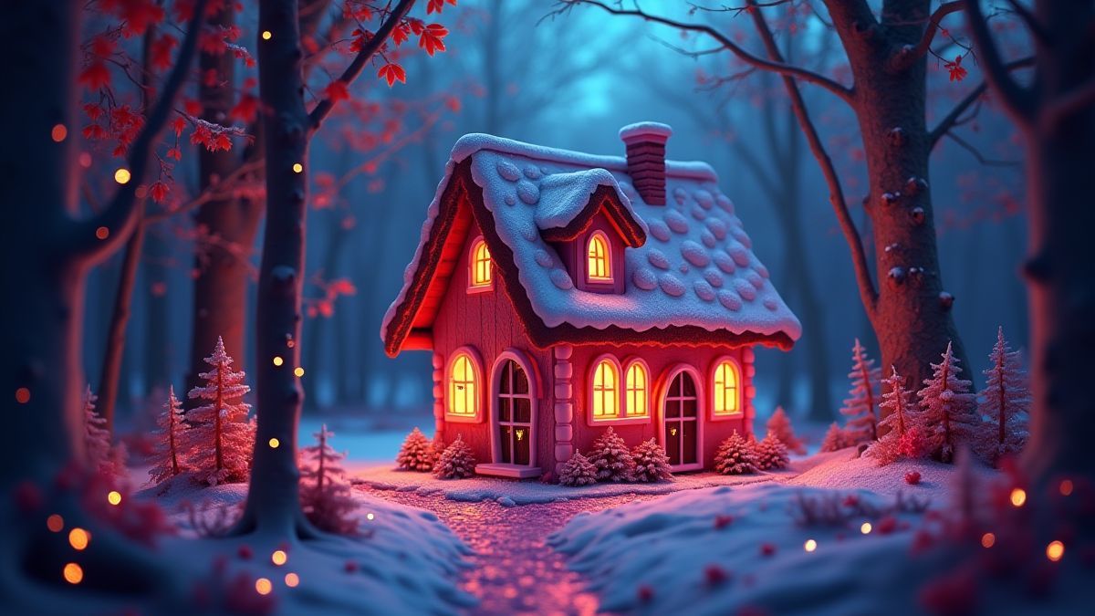 Candy house surrounded by magical trees.