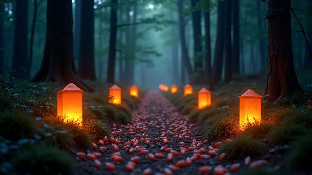 Magical path with lights in the forest.
