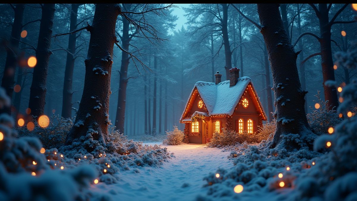 Une forêt magique avec des lumières brillantes et une maison en pain d'épice.