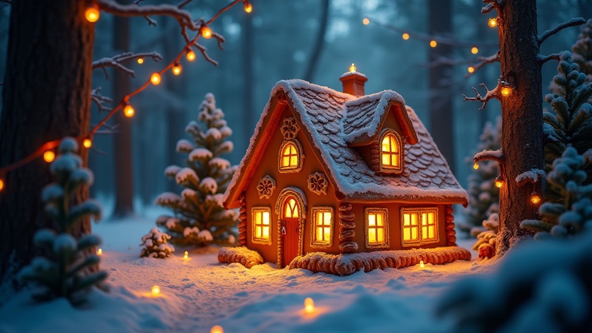 Maison en pain d'épice entourée de lumières brillantes dans une forêt magique.