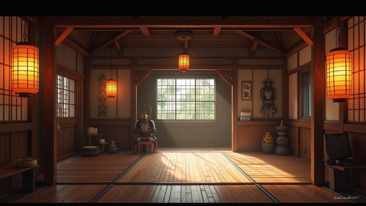 Interieur van een Japans dojo met houten vloeren en papieren lantaarns.