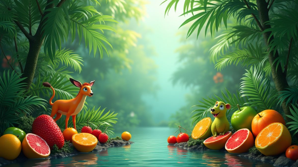 A tropical jungle filled with fruits and animated animals.
