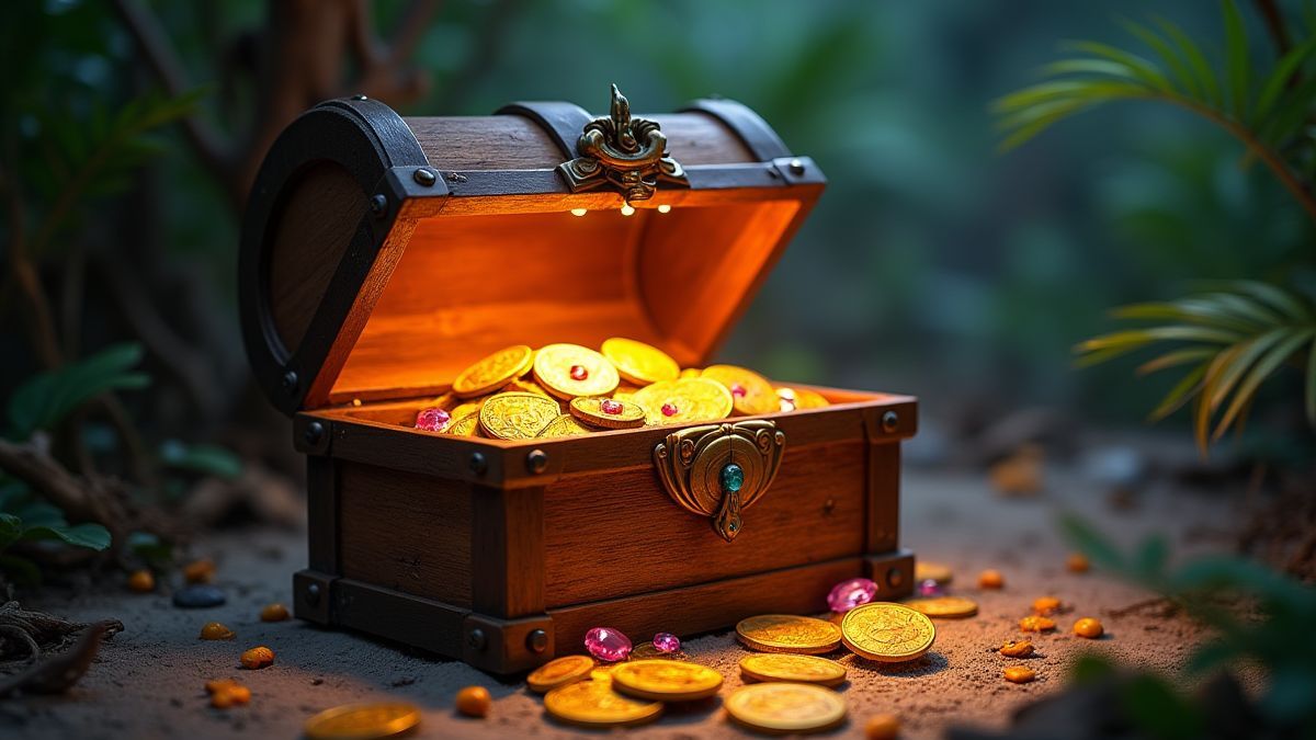 A treasure chest filled with coins and jewels in a tropical environment.